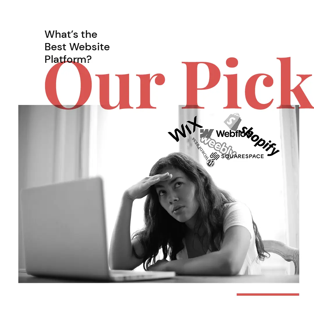 Featured image for a blog titled What's the Best Website Platform? Our Pick. With woman frustrated at her computer looking at website platform logos.