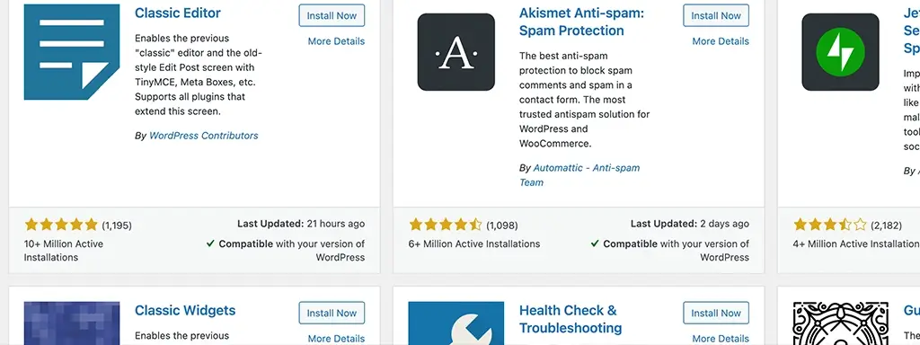 Wordpress backend showing plugins.